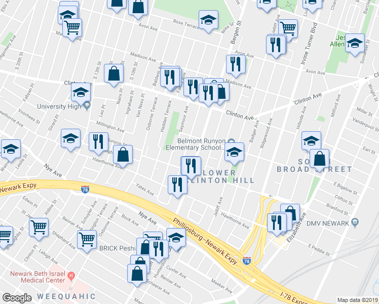map of restaurants, bars, coffee shops, grocery stores, and more near 208 Chadwick Avenue in Newark