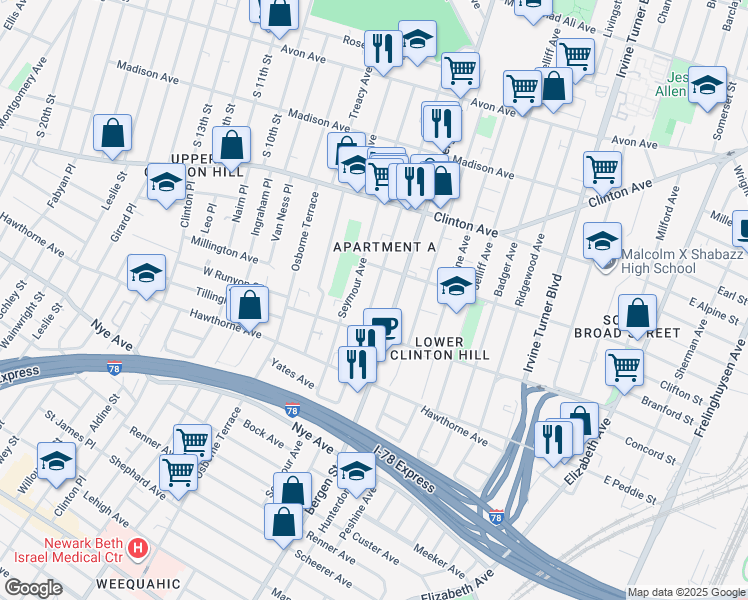 map of restaurants, bars, coffee shops, grocery stores, and more near 208 Chadwick Avenue in Newark