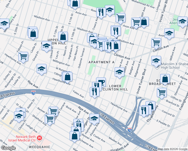 map of restaurants, bars, coffee shops, grocery stores, and more near 185 Seymour Avenue in Newark