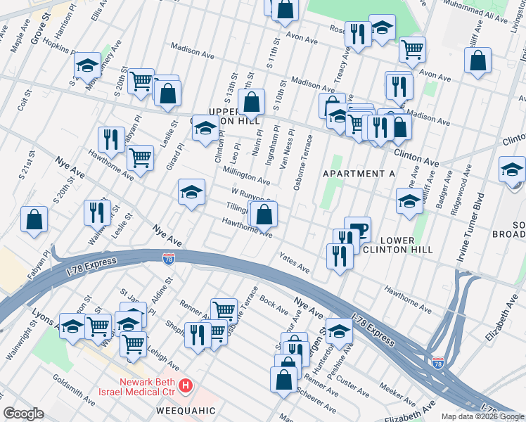 map of restaurants, bars, coffee shops, grocery stores, and more near 274 West Runyon Street in Newark