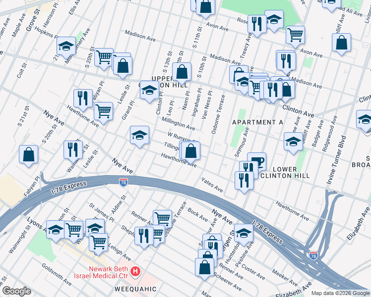 map of restaurants, bars, coffee shops, grocery stores, and more near 274 West Runyon Street in Newark