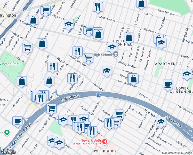 map of restaurants, bars, coffee shops, grocery stores, and more near 10 Hobson Street in Newark