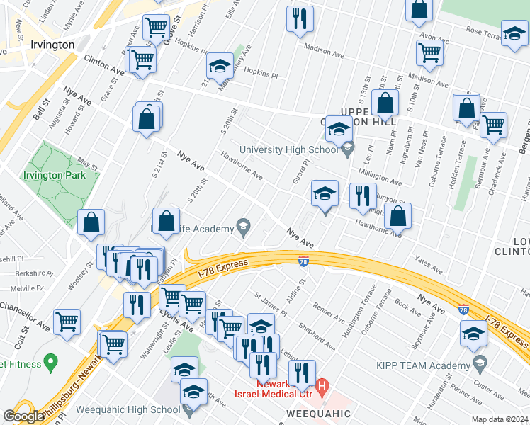 map of restaurants, bars, coffee shops, grocery stores, and more near 119 Leslie Street in Newark