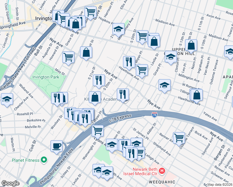 map of restaurants, bars, coffee shops, grocery stores, and more near 138 Fabyan Place in Newark