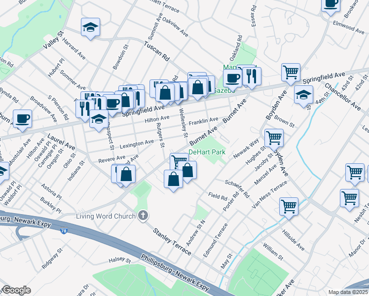 map of restaurants, bars, coffee shops, grocery stores, and more near 61 Wellesley Street in Maplewood
