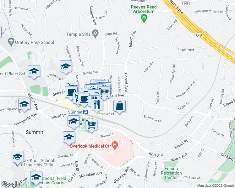 map of restaurants, bars, coffee shops, grocery stores, and more near 8 De Bary Place in Summit