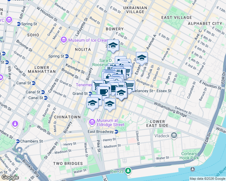 map of restaurants, bars, coffee shops, grocery stores, and more near Allen Street in New York