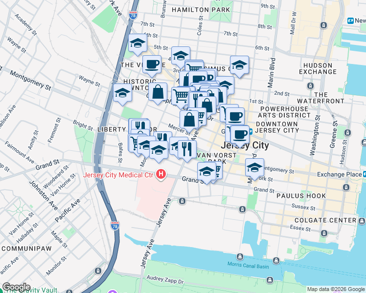 map of restaurants, bars, coffee shops, grocery stores, and more near 304 Varick Street in Jersey City