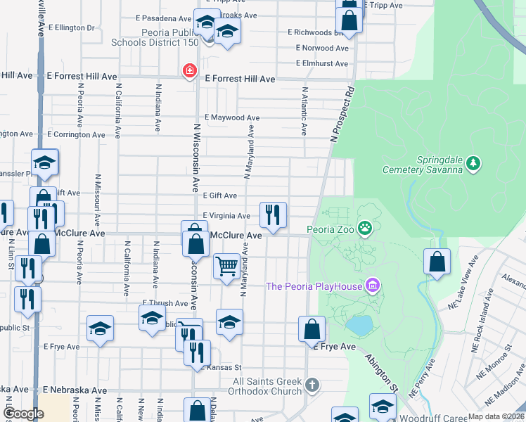 map of restaurants, bars, coffee shops, grocery stores, and more near 1017 East Virginia Avenue in Peoria