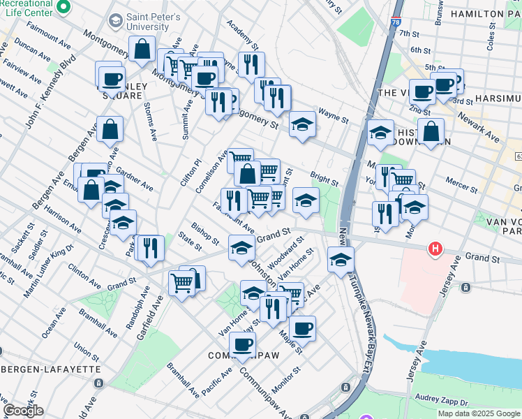 map of restaurants, bars, coffee shops, grocery stores, and more near 115 Amity Street in Jersey City