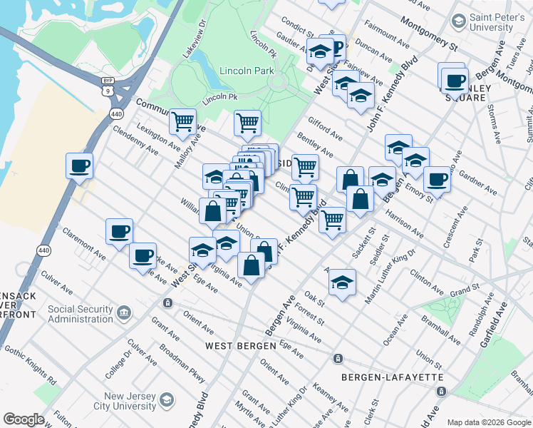 map of restaurants, bars, coffee shops, grocery stores, and more near 98 Clendenny Avenue in Jersey City