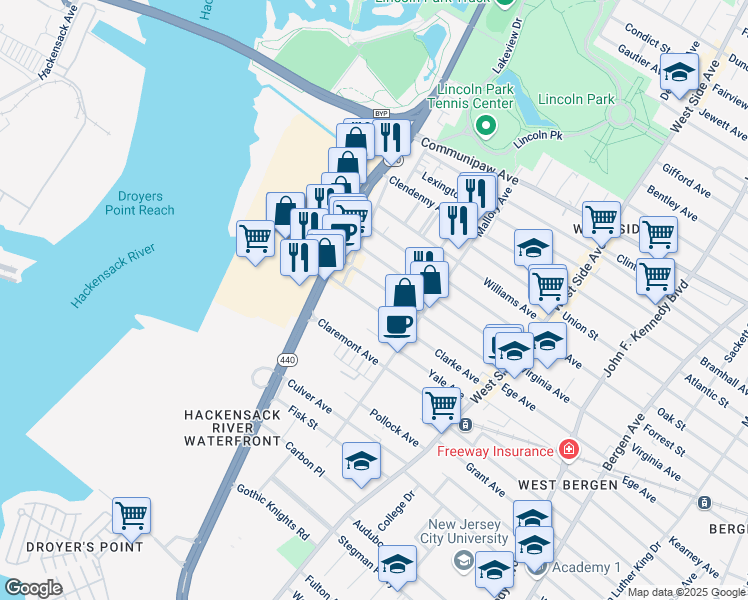 map of restaurants, bars, coffee shops, grocery stores, and more near 130 Clarke Avenue in Jersey City