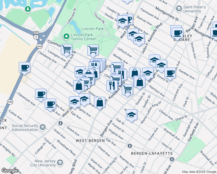 map of restaurants, bars, coffee shops, grocery stores, and more near 90 Lexington Avenue in Jersey City