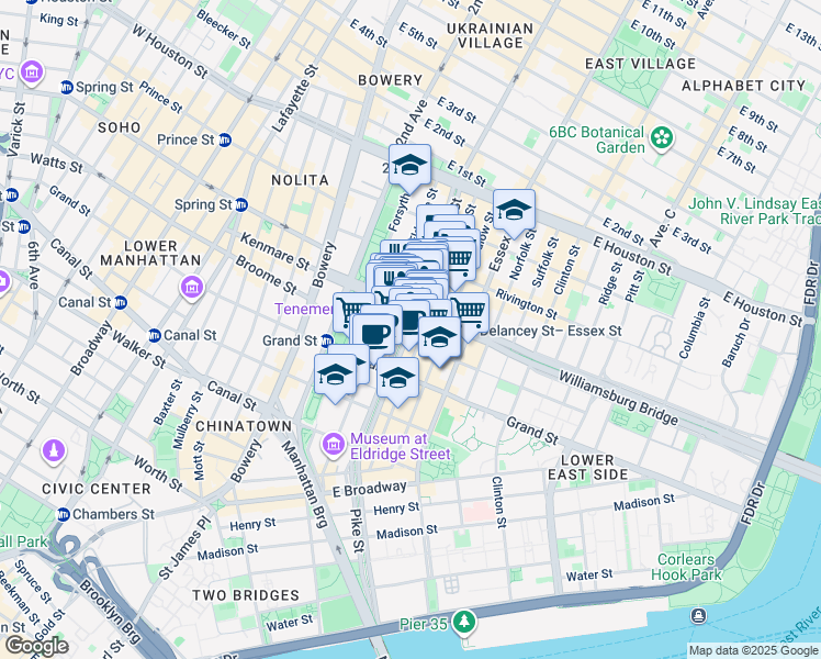 map of restaurants, bars, coffee shops, grocery stores, and more near Allen Street in New York