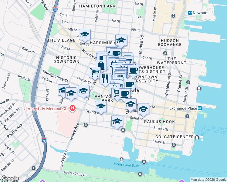 map of restaurants, bars, coffee shops, grocery stores, and more near 50 Mercer Street in Jersey City