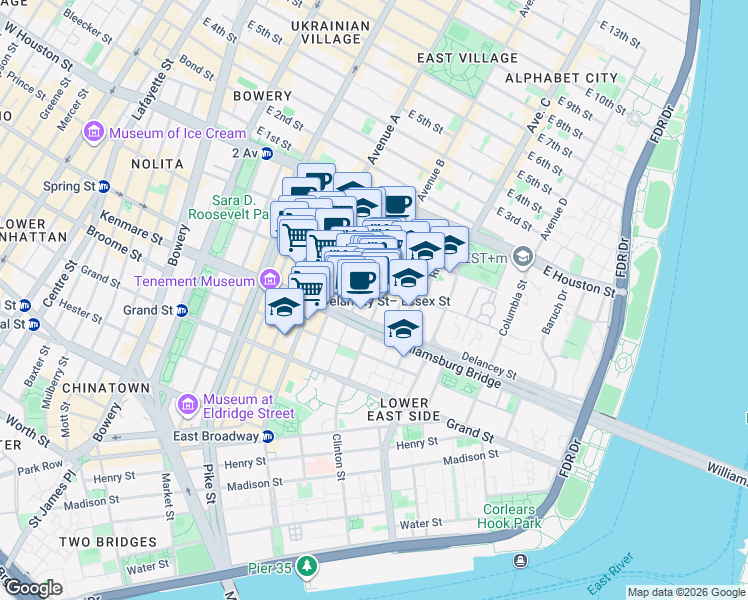 map of restaurants, bars, coffee shops, grocery stores, and more near 93 Clinton Street in New York