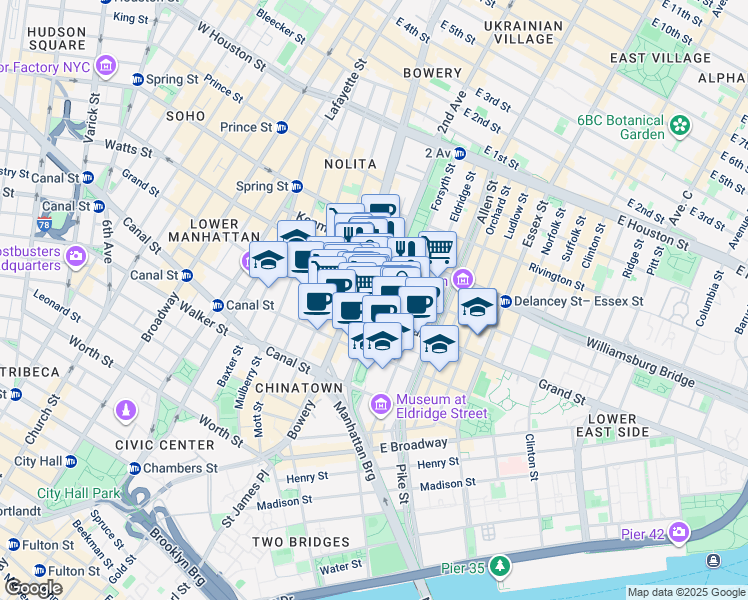 map of restaurants, bars, coffee shops, grocery stores, and more near 115 Chrystie Street in New York