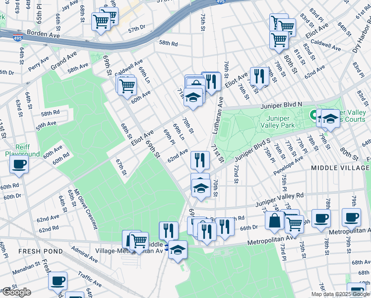 map of restaurants, bars, coffee shops, grocery stores, and more near 61-72 70th Street in Queens