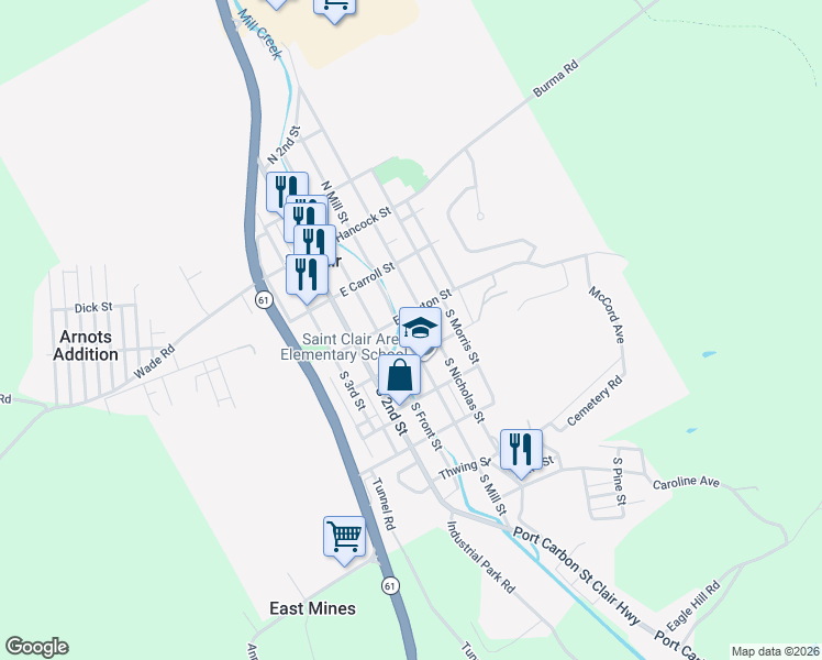 map of restaurants, bars, coffee shops, grocery stores, and more near 111 South Nicholas Street in Saint Clair