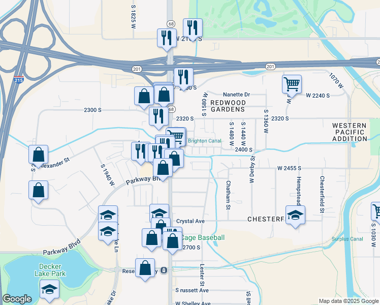 map of restaurants, bars, coffee shops, grocery stores, and more near 2414 Shady Red Court in West Valley City