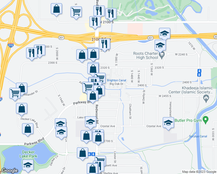 map of restaurants, bars, coffee shops, grocery stores, and more near 2414 Shady Red Court in West Valley City