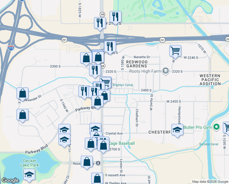 map of restaurants, bars, coffee shops, grocery stores, and more near 2414 Shady Red Court in West Valley City