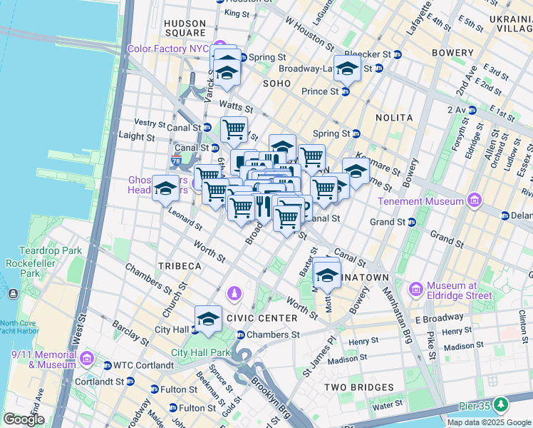 map of restaurants, bars, coffee shops, grocery stores, and more near Broadway & Walker St in New York