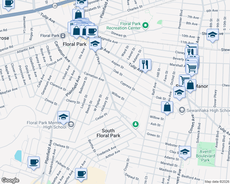 map of restaurants, bars, coffee shops, grocery stores, and more near 286 Carnation Avenue in Floral Park