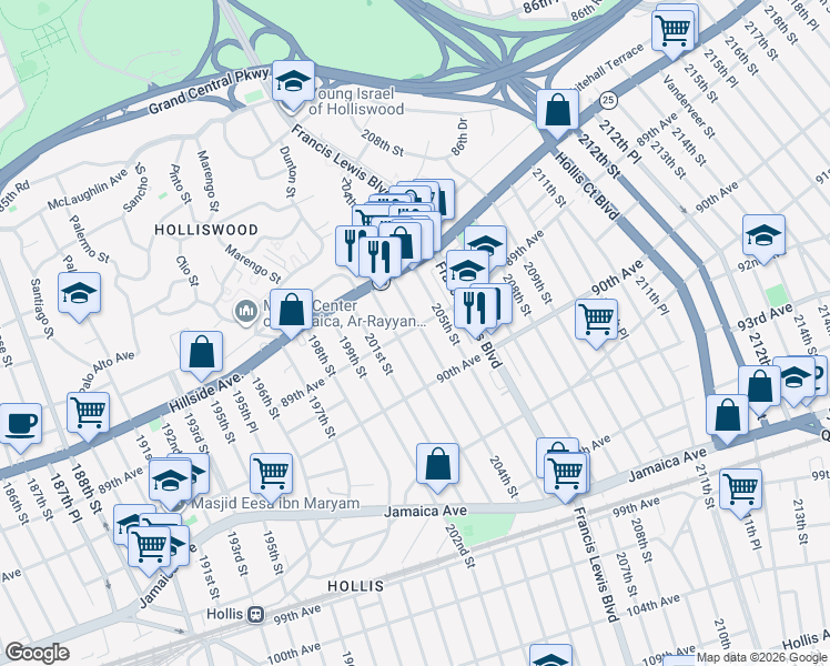 map of restaurants, bars, coffee shops, grocery stores, and more near 89-02 205th Street in Queens