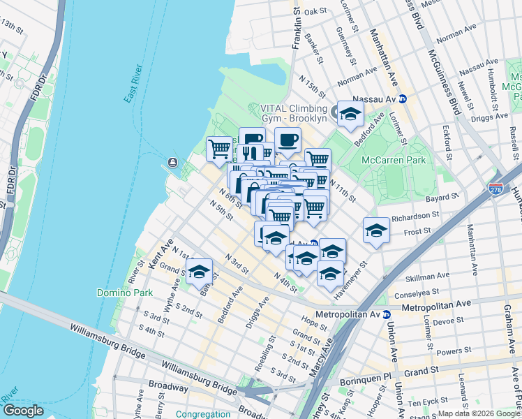 map of restaurants, bars, coffee shops, grocery stores, and more near in Brooklyn