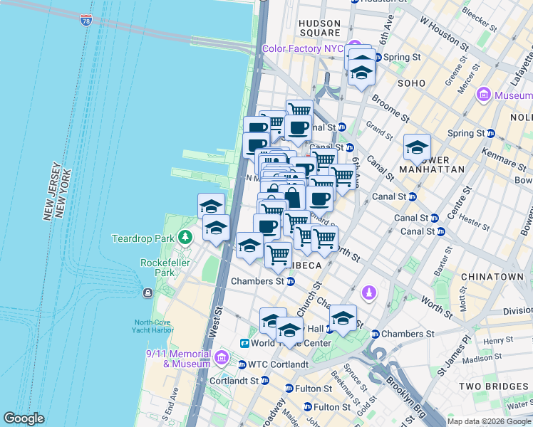 map of restaurants, bars, coffee shops, grocery stores, and more near 361 Greenwich Street in New York