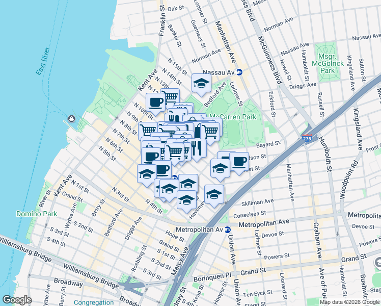map of restaurants, bars, coffee shops, grocery stores, and more near 460 Driggs Avenue in Brooklyn