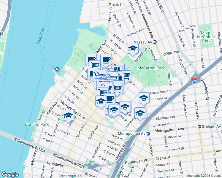 map of restaurants, bars, coffee shops, grocery stores, and more near 141 North 8th Street in Brooklyn