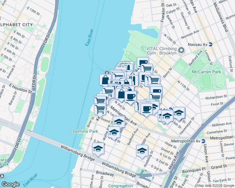map of restaurants, bars, coffee shops, grocery stores, and more near Kent Ave & N 4th St in Brooklyn