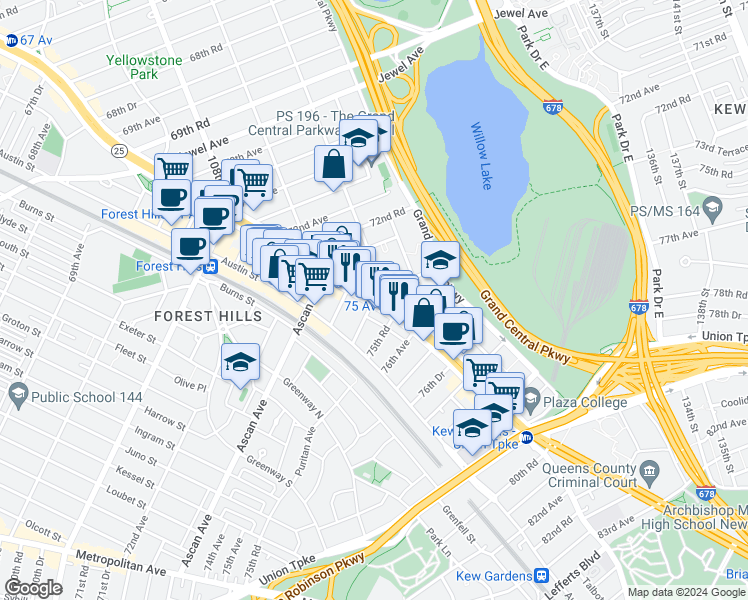 map of restaurants, bars, coffee shops, grocery stores, and more near in Queens