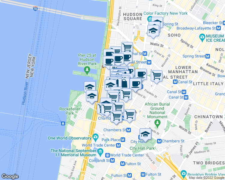 map of restaurants, bars, coffee shops, grocery stores, and more near 361 Greenwich Street in New York