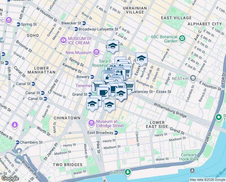 map of restaurants, bars, coffee shops, grocery stores, and more near Allen Street in New York