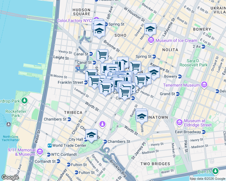 map of restaurants, bars, coffee shops, grocery stores, and more near 395 Broadway in New York