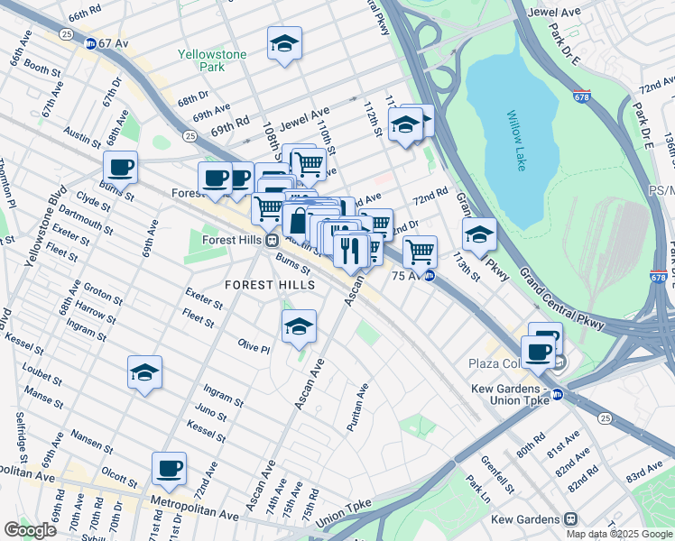 map of restaurants, bars, coffee shops, grocery stores, and more near 108-02 Austin Street in Queens