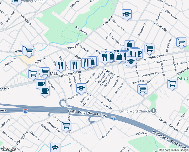 map of restaurants, bars, coffee shops, grocery stores, and more near 275 Montclair Avenue in Union