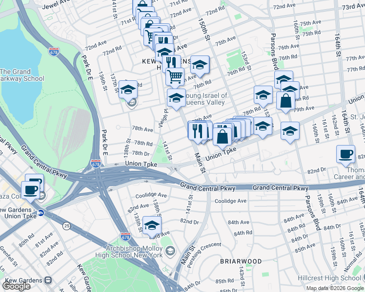 map of restaurants, bars, coffee shops, grocery stores, and more near 141-35 79th Avenue in Queens