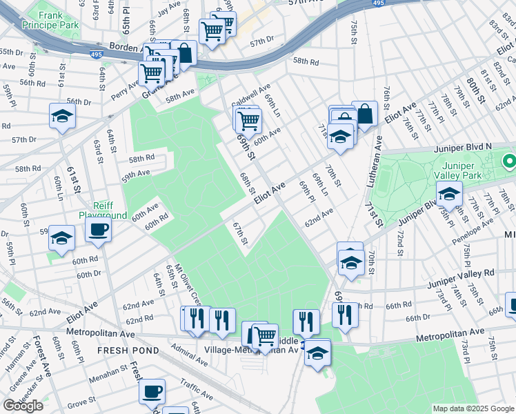 map of restaurants, bars, coffee shops, grocery stores, and more near 68-04 Eliot Avenue in Queens