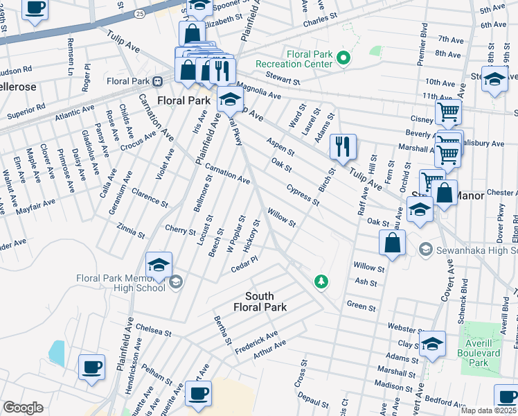 map of restaurants, bars, coffee shops, grocery stores, and more near 286 Carnation Avenue in Floral Park