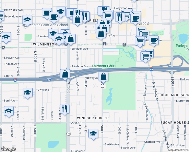 map of restaurants, bars, coffee shops, grocery stores, and more near 843 Parkway Avenue South in Salt Lake City
