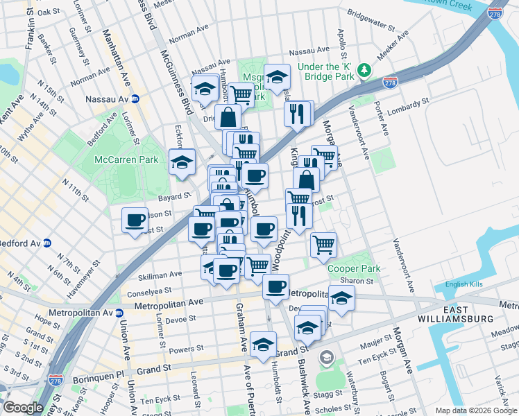map of restaurants, bars, coffee shops, grocery stores, and more near 480 Humboldt Street in Brooklyn