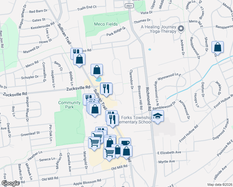 map of restaurants, bars, coffee shops, grocery stores, and more near 1999 Mercer Way in Easton