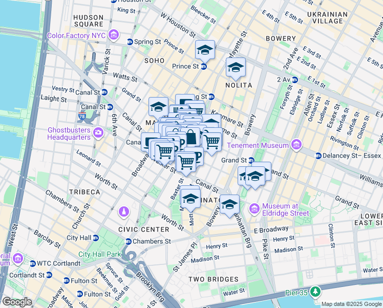 map of restaurants, bars, coffee shops, grocery stores, and more near 1 Howard Street in New York