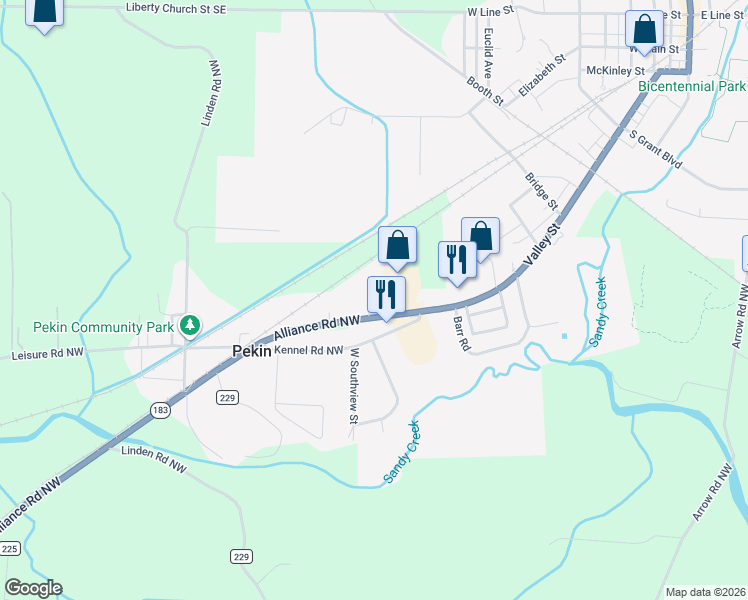 map of restaurants, bars, coffee shops, grocery stores, and more near 1179 Alliance Road Northwest in Minerva