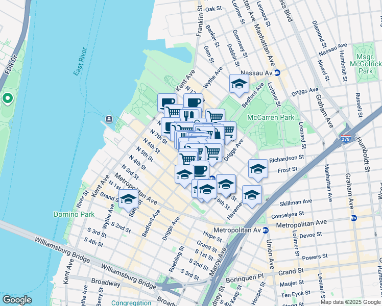 map of restaurants, bars, coffee shops, grocery stores, and more near 141 North 8th Street in Brooklyn