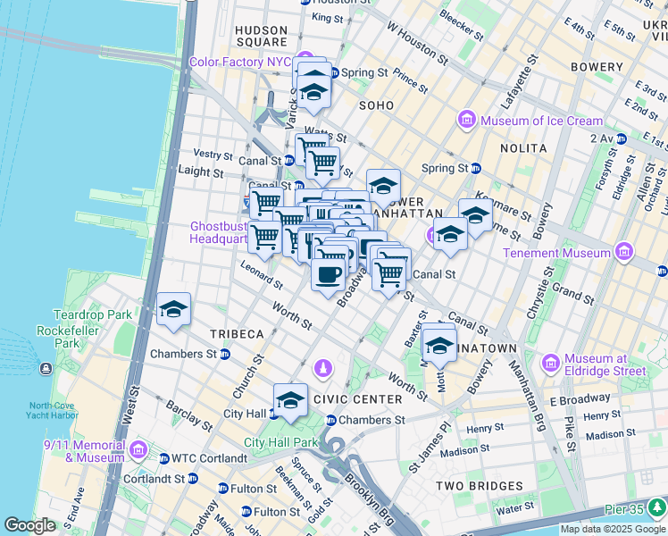 map of restaurants, bars, coffee shops, grocery stores, and more near 39 Walker Street in New York
